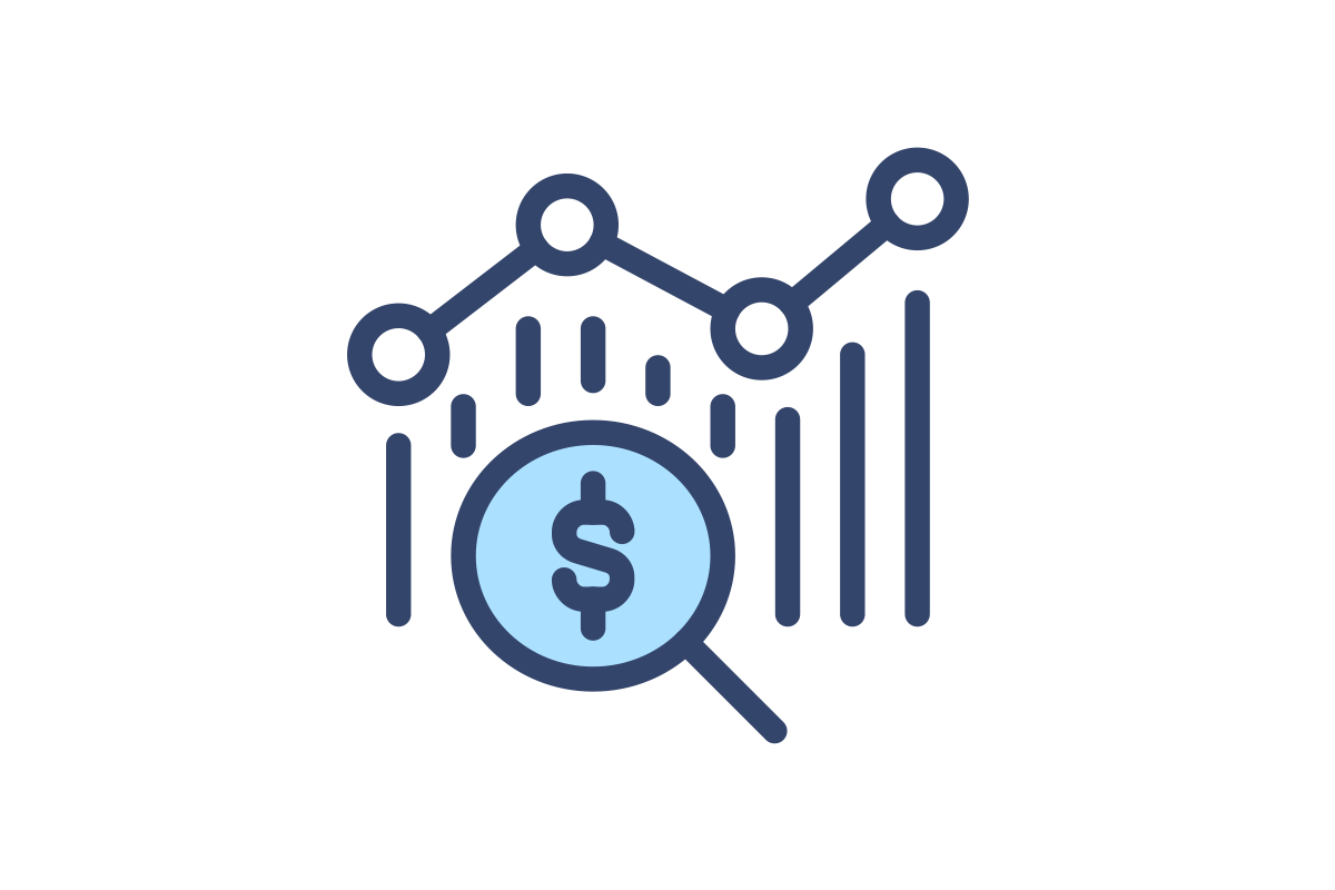 Icon -  Magnify glass with dollar sign over a graph