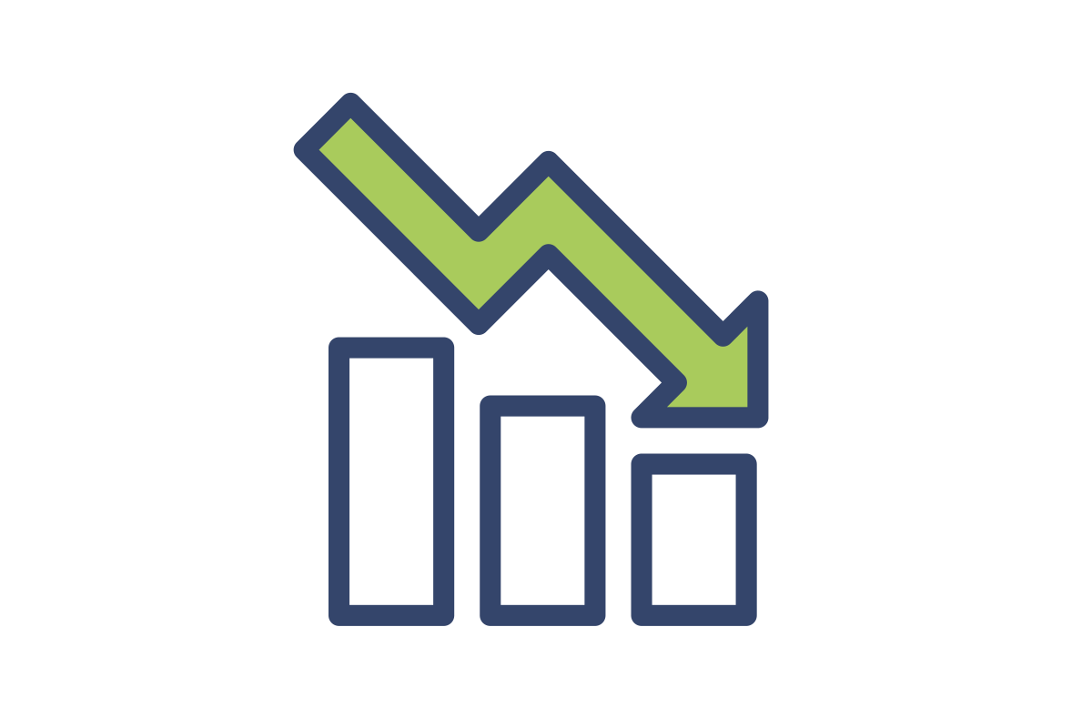 Icon - A bar graph with a green downward arrow
