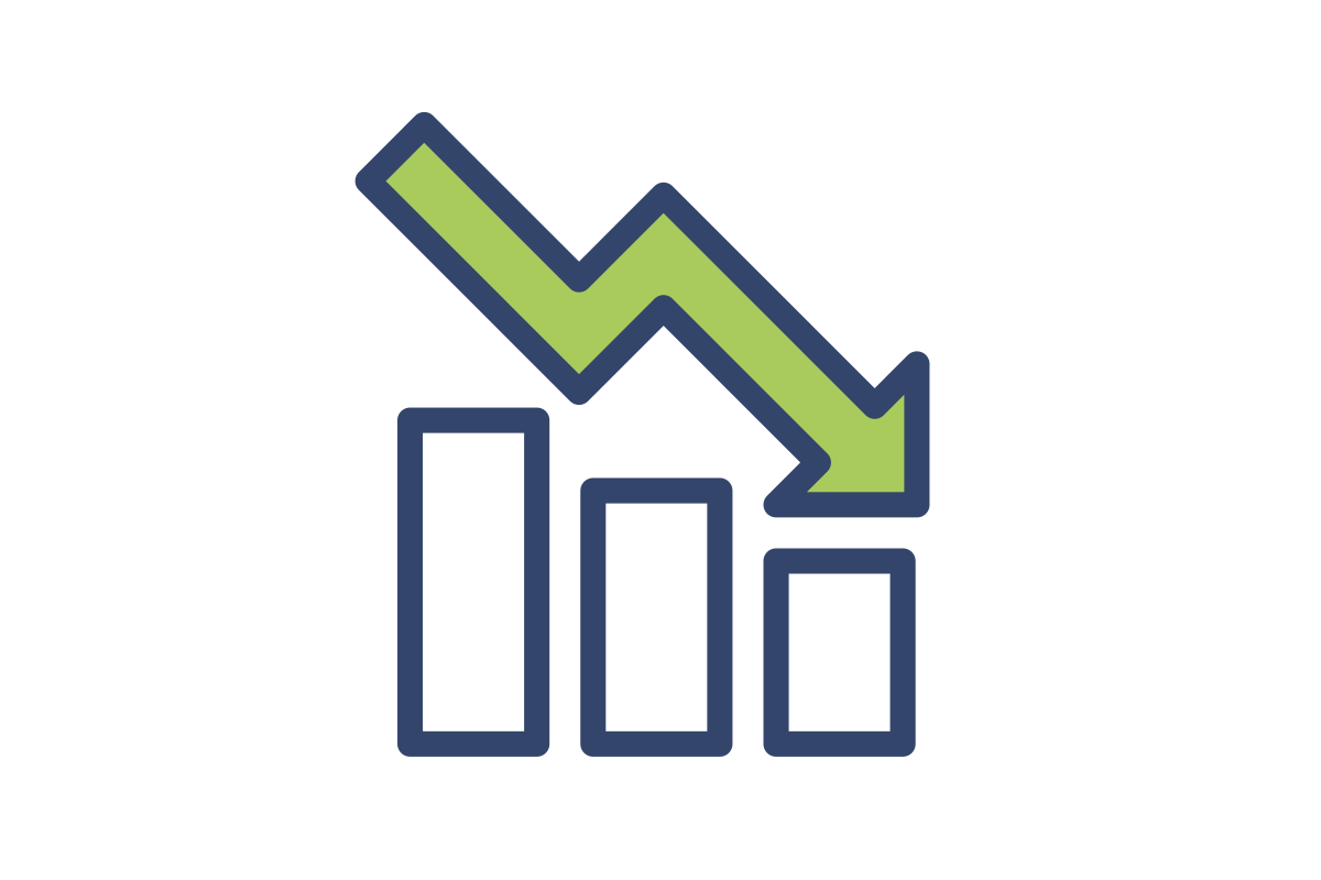 A bar graph with a green downward arrow