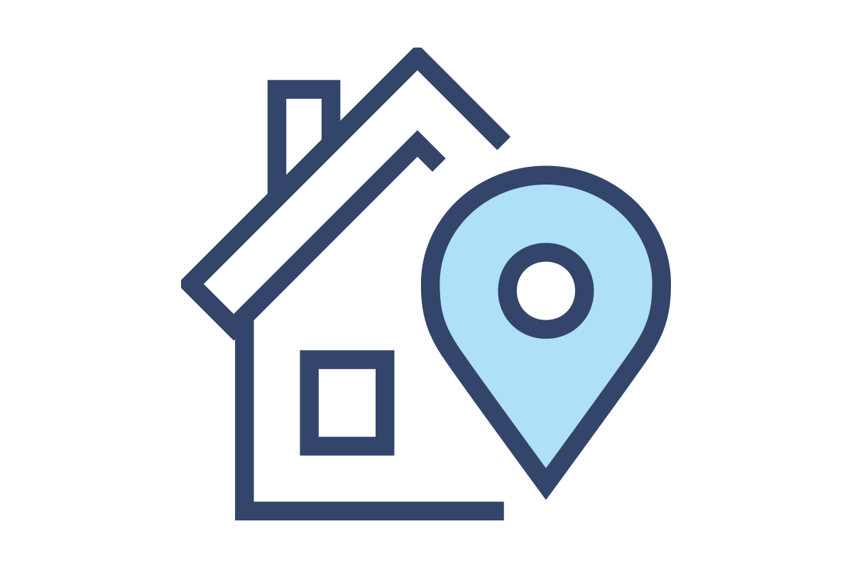 graphic of a house icon next to a location pin icon