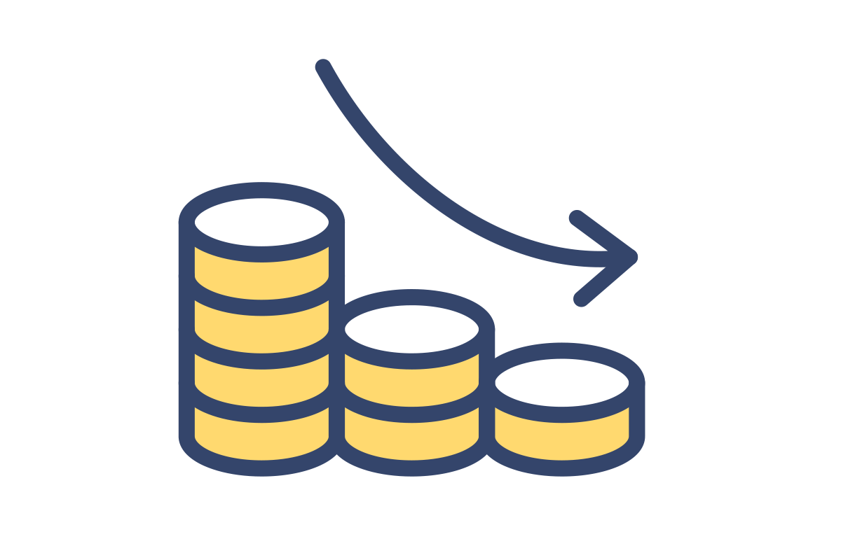 Icon -  Stacks of coins with arrow pointing downwards
