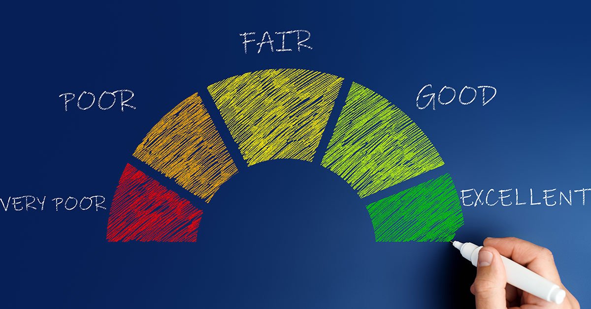 A hand draws out values of a credit report in a chart, starting with 'Very Poor' all the way to 'Excellent.'