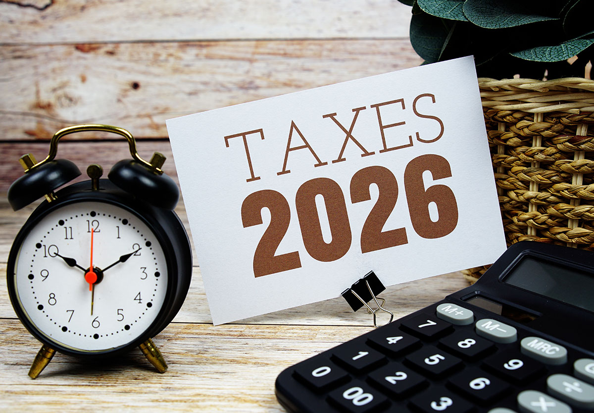 Clock, Calculator and Taxes 2026 Sign