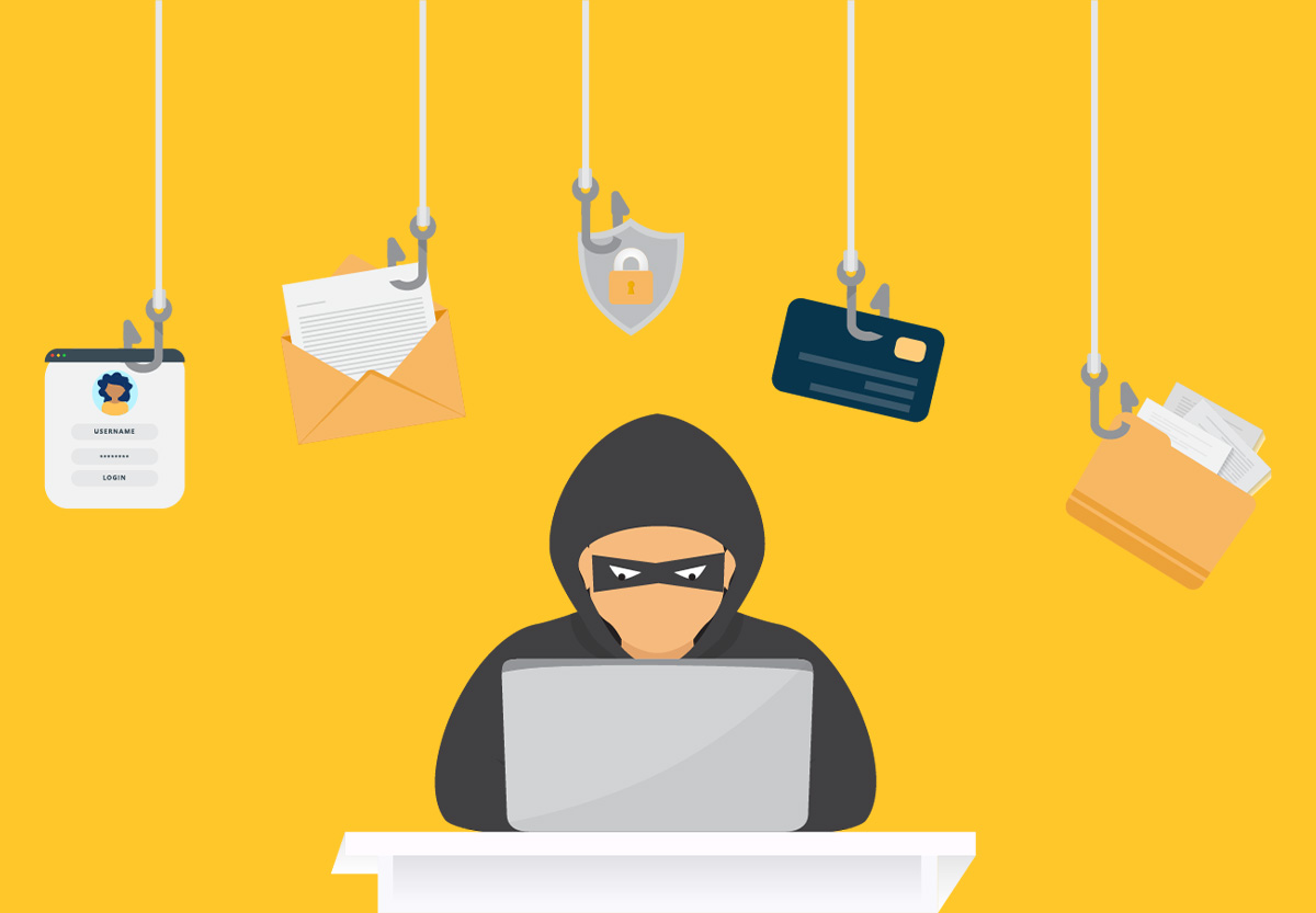 A hacker with phishing hooks stealing login details, credit cards, and documents, symbolizing PII theft.